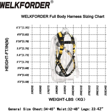 WELKFORDER 3D-Rings Industrial Fall Protection Safety Harness With Leg Tongue Buckles | Shoulder Pad Support ANSI＆CSA Compliant Full Body Personal Protection Equipment