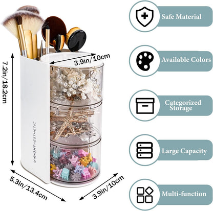 WCHOSOZH 3-Tier Clear Hair Accessories Organizer with Hair Brushes Holder, Rotatable Drawer Makeup Sponge Holder Desktop Organizer Case for Makeup Brushes,Lipsticks,Q-tip,Stationeries (White)