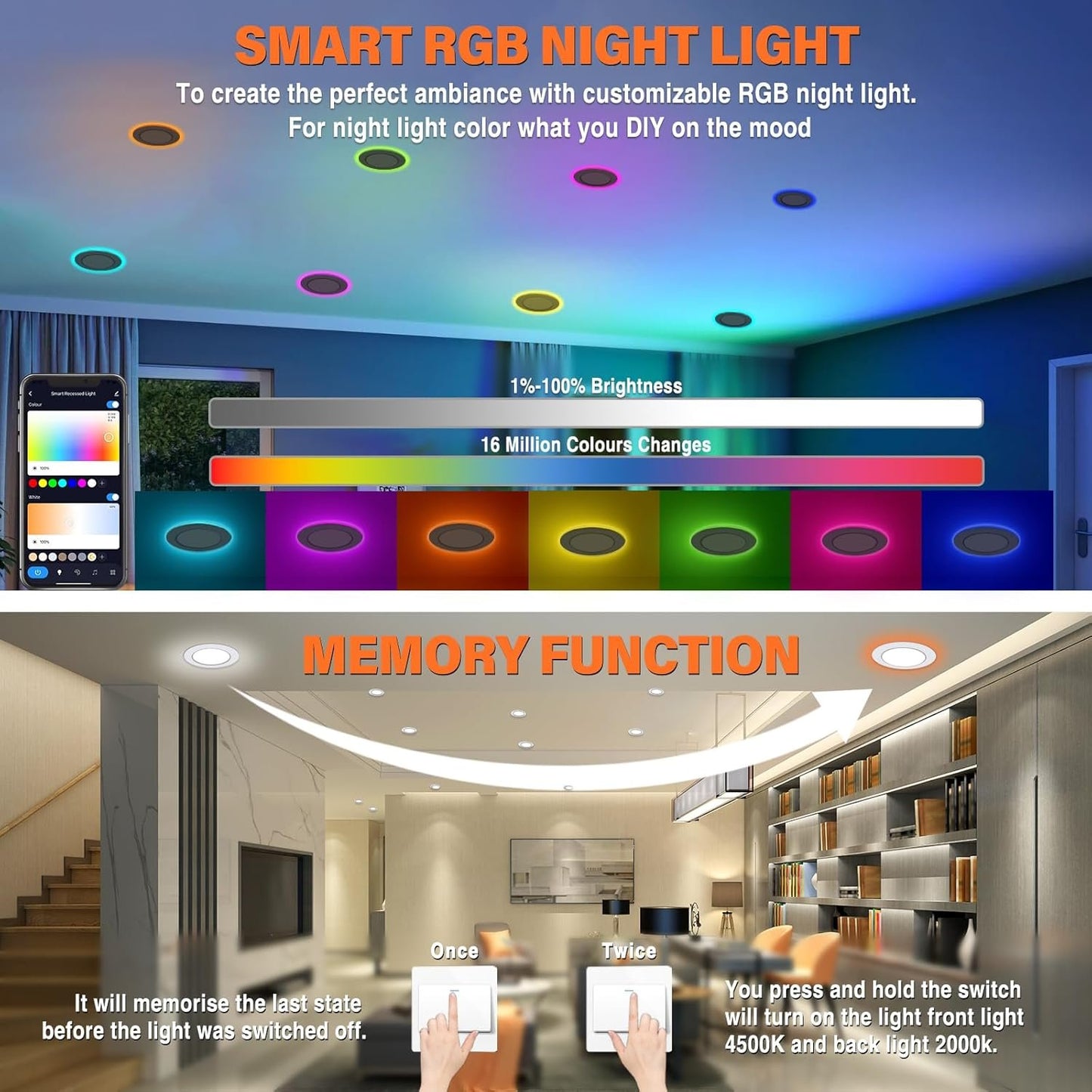12Pack Smart RGB Recessed Lighting 6Inch,Ultra-Thin Canless LED Downlight, 2.4GHz Wi-Fi Bluetooth Direct Connect, 2700K-6500K,12W,1080LM,Work with Tuya App, Alexa,Google Assistant, Music Sync
