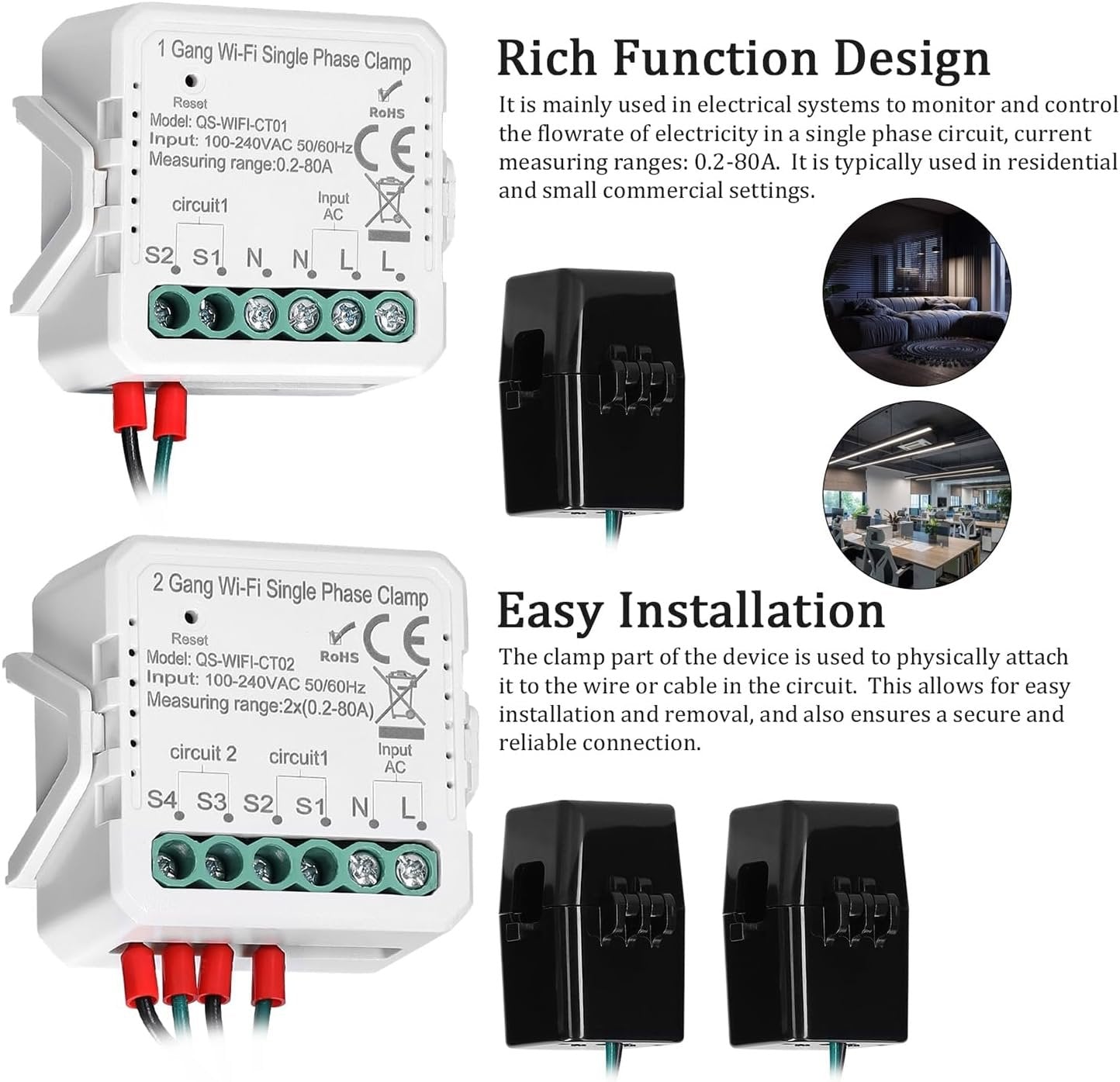zolyet WiFi 2 Gang 80A Single Phase Clamp Solar PV Bidirectional Two Way Energy Meter Mobilephone APP Control t Transformer Schedule Timer Home Automation Multicolor Wifi 1 Gang Single Phase Clamp