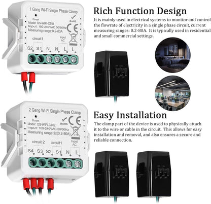 zolyet WiFi 2 Gang 80A Single Phase Clamp Solar PV Bidirectional Two Way Energy Meter Mobilephone APP Control t Transformer Schedule Timer Home Automation Multicolor Wifi 1 Gang Single Phase Clamp
