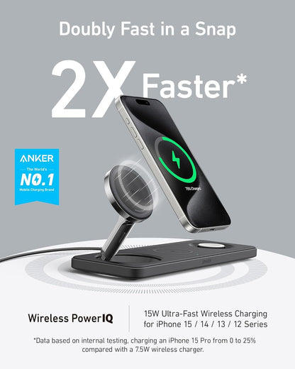 Anker iPhone 16 Foldable 3-in-1 Wireless Charging Station,Qi2 Certified 15W Ultra-Fast MagSafe-Compatible Charger,for iPhone 15/14 Series,AirPods, Apple Watch (USB-C Charger and Cable Included)