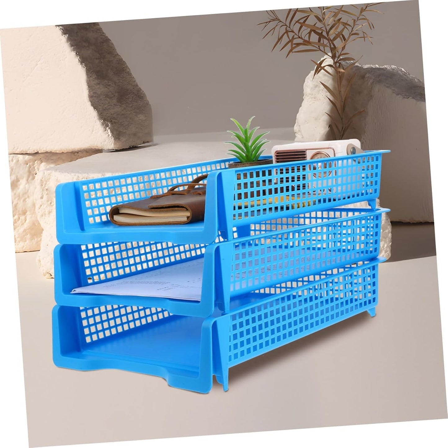 SEWACC 3pcs Stackable Plastic File Trays for Desk Elegant Paper Organizer for Classroom Office Use and Easy to Maintain Minimalist Design for Efficient Workspace Organization