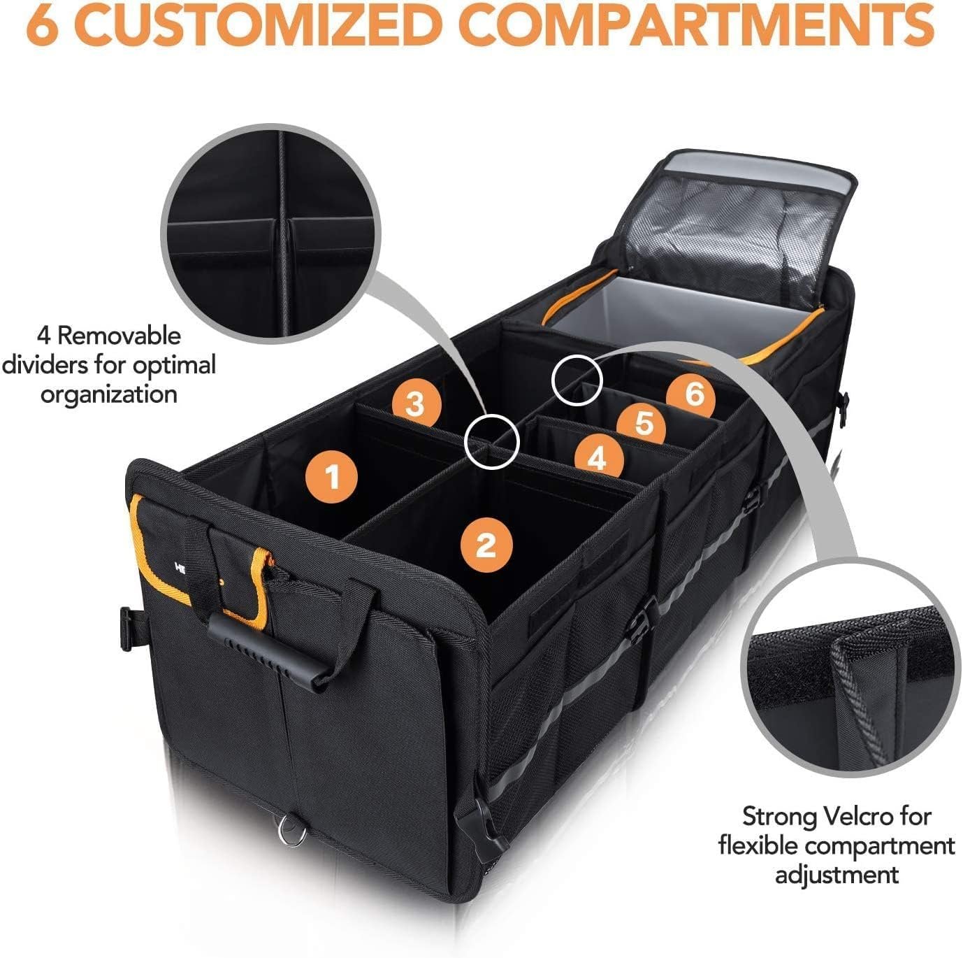 CULOTOL Large Trunk Organizer With Built-in Leakproof Cooler Bag,Car Organizers and Storage for SUV 4 Removable Dividers Collapsible Portable Non-Slip Bottom Tie Down Strap,Car Accessories