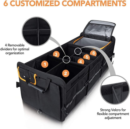 CULOTOL Large Trunk Organizer With Built-in Leakproof Cooler Bag,Car Organizers and Storage for SUV 4 Removable Dividers Collapsible Portable Non-Slip Bottom Tie Down Strap,Car Accessories