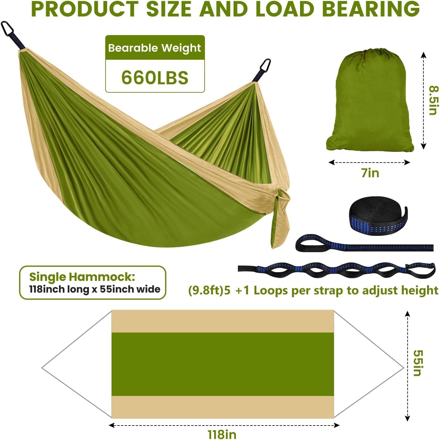 Camping Hammock, Single Hammock Premium Quality Nylon with 2 Tree Straps, Lightweight for Backpacking, Camping Gear for Outdoor, Backpacking, Travel, Beach, Hiking