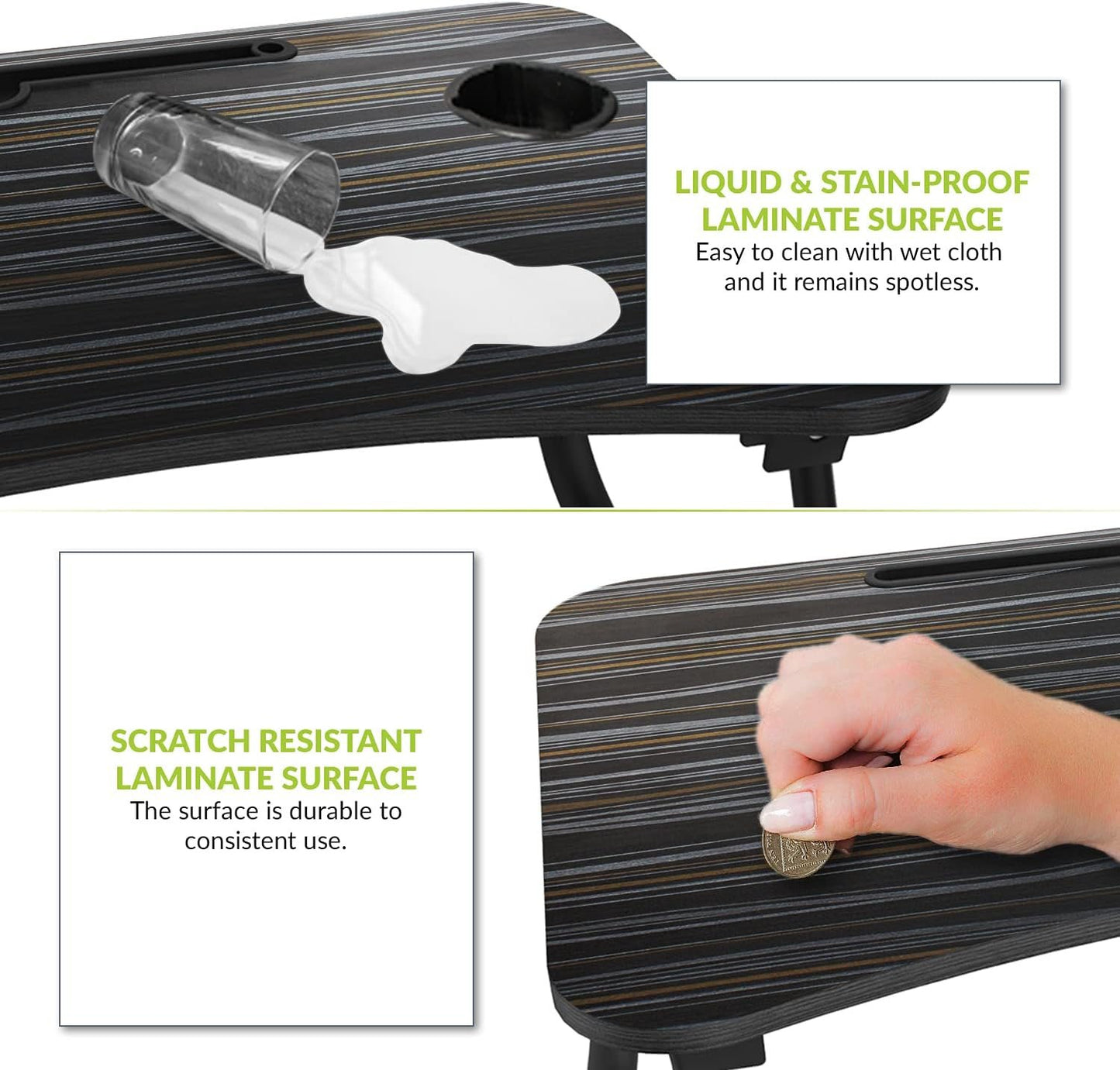 Gizga Essentials Foldable Laptop and Study Table for Student and Kids with Cup, Tablet and Mac Holder |Office Table | Bed Table| Breakfast Table, Portable/Ergonomic & Round Edges/Non-Slip Legs, Black