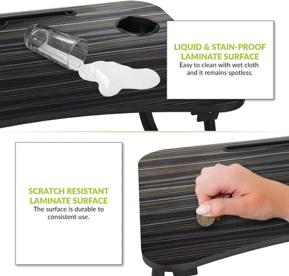 Gizga Essentials Foldable Laptop and Study Table for Student and Kids with Cup, Tablet and Mac Holder |Office Table | Bed Table| Breakfast Table, Portable/Ergonomic & Round Edges/Non-Slip Legs, Black