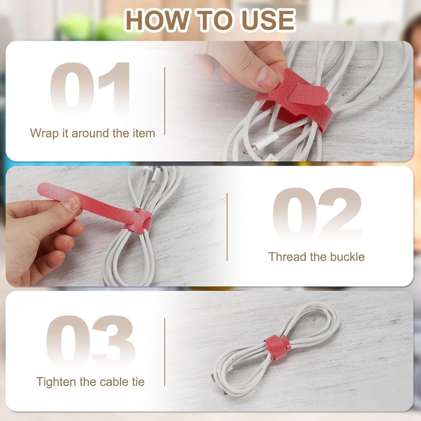 uxcell 100Pcs Reusable Self-Gripping Cable Ties, 8" Hook and Loop Wire Organizers for Power Cords, Data Cables, TV/PC Wires, Chargers - Adjustable & Durable Fabric Straps(Red)