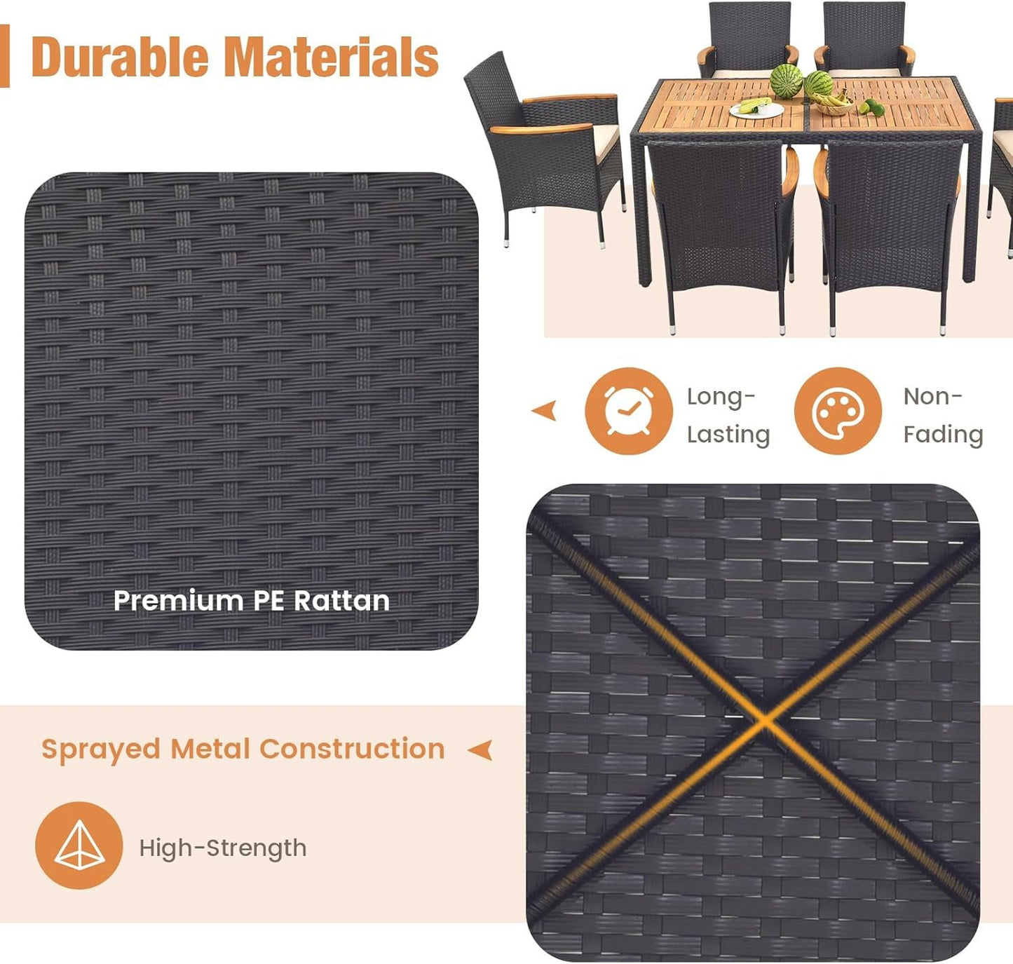HAPPYGRILL 7 Pieces Outdoor Dining Set, Patio Conversation Set with Umbrella Hole, Acacia Wood Tabletop & Seat Cushions, Dining Table with 6 Rattan Wicker Chairs for Backyard Poolside Deck