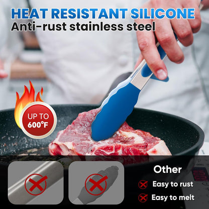 5-Pack Silicone Tongs for Cooking,Maywe Tanso 4PCS 13-Inch Cooking Kitchen Tongs with Silicone Tips,Nonstick Stainless Steel Tongs for Steak Pie Pizza Pasta Spaghetti Salad BBQ Buffet,Plus Brush