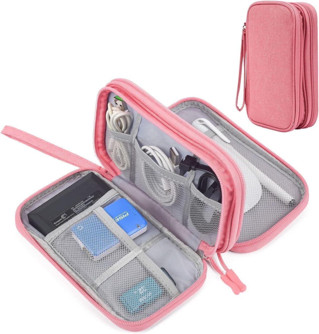 CAOODKDK Electronics Accessories Cases, Travel Cable Organizer Pouch Bag, Portable Waterproof Double-Layer All-in-One Storage Bag, Charger&USB Cable/Power Bank/Magic Mouse/Earphones (Pink)
