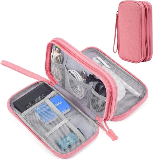 CAOODKDK Electronics Accessories Cases, Travel Cable Organizer Pouch Bag, Portable Waterproof Double-Layer All-in-One Storage Bag, Charger&USB Cable/Power Bank/Magic Mouse/Earphones (Pink)