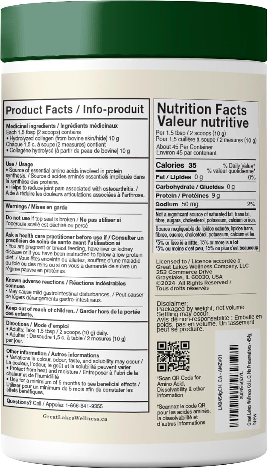 Great Lakes Wellness Collagen Peptides Powder - Unflavored - Quick Dissolve Hydrolyzed, Hormone & Antibiotic Free, Non-GMO, No Preservatives - 454g