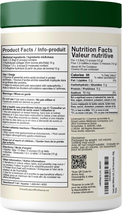 Great Lakes Wellness Collagen Peptides Powder - Unflavored - Quick Dissolve Hydrolyzed, Hormone & Antibiotic Free, Non-GMO, No Preservatives - 454g