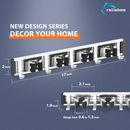 Broom Holder Wall Mount Mop and Broom Hanger Wall Mounted Garage Storage Rack Kitchen Garden Tool Organizer (4 Racks with 5 Hooks, Black)