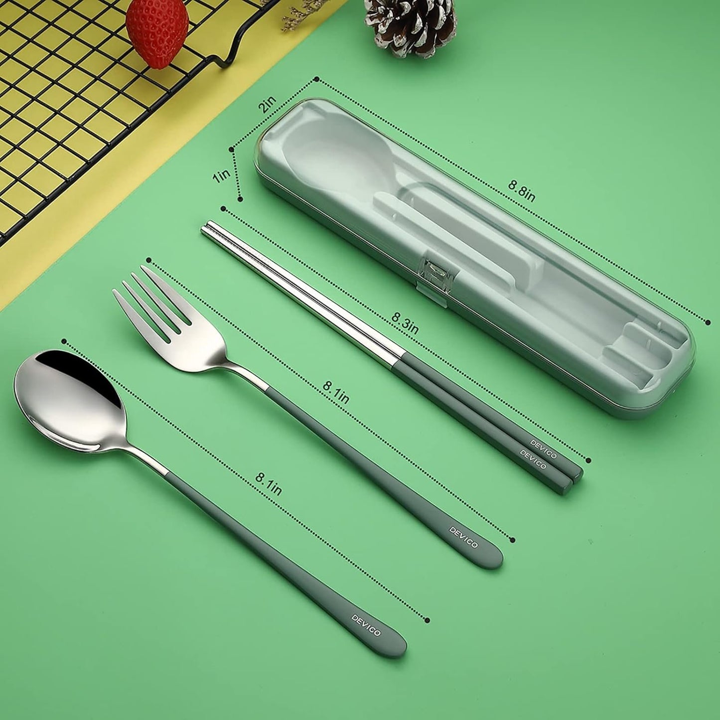 DEVICO Portable Utensils, Travel Reusable Silverware Flatware Set for Lunch, 18/8 Stainless Steel 4-Piece Camping Cutlery Include Fork Spoon Chopsticks with Case (Green-A)