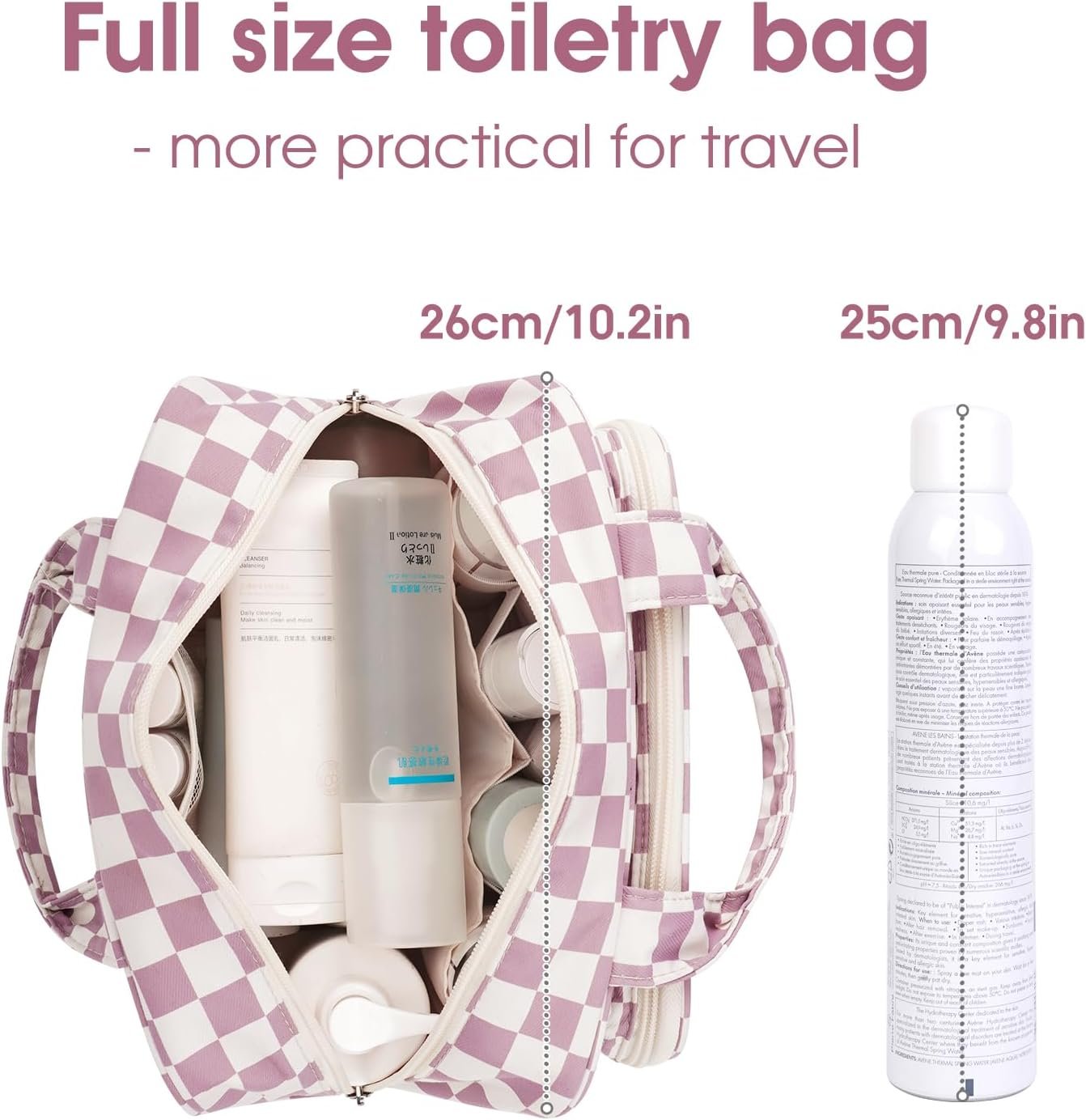 Narwey Full Size Checkered Toiletry Bag Women Travel Toiletries Bag Make Up Bag Large Cosmetic Makeup Organizer Bag for Travel Accessories Essentials (Dusty Rose Checkerboard)