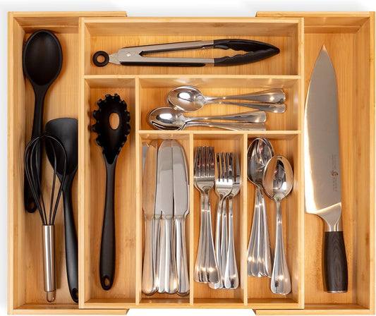 Utensil Drawer Organizer - 3" Deep 100% Bamboo Wooden Expandable Adjustable Kitchen Silverware Flatware Cutlery and Accessories Home Pantry Storage Organization Tray with Magnetic Lock