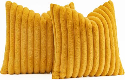 MIULEE Mustard Yellow Throw Pillow Covers 18x18 Inch Set of 2 Soft Pillowcase with Velvet Back Faux Rabbit Fur Cushion Covers Decorative Home Decor for Couch Sofa Bedroom Livingroom