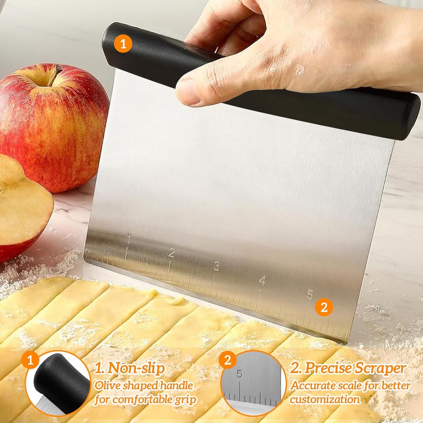 Shanghigh Dough Scraper and Cutter - Multi-Purpose Bench Scraper/Chopper with Measuring Scale, Stainless Steel Kitchen Essential Baking Cooking Tool for Bread, Pizza and Cake, Food Cutting Tool