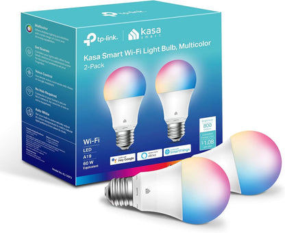 Kasa Smart Light Bulbs, Full Colour Changing Dimmable Smart WiFi Bulbs Compatible with Alexa and Google Home, A19, 9W 800 Lumens,2.4Ghz only, No Hub Required, 2-Pack (KL125P2), Multicolour