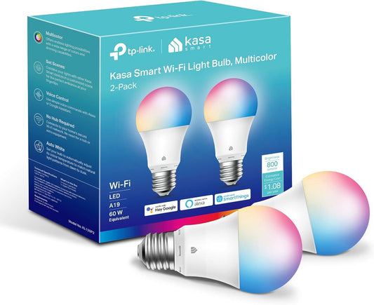 Kasa Smart Light Bulbs, Full Colour Changing Dimmable Smart WiFi Bulbs Compatible with Alexa and Google Home, A19, 9W 800 Lumens,2.4Ghz only, No Hub Required, 2-Pack (KL125P2), Multicolour