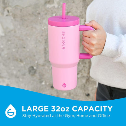GROSCHE Aspen 32oz Tumbler with Handle and Straw - Extreme Insulation, Classy Aesthetic Design, Insulated Stainless Steel Tumbler with Handle, Lid and Straw, Canadian Brand! - 32 fl. oz, Hot Pink