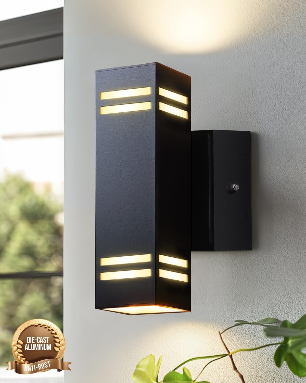 KIZON Outdoor Light with Outlet, Dusk to Dawn Outdoor Light Fixture, Matte Black Exterior Light Fixture Square, Alunmium Up and Down Lights Outdoor Anti Rust, Outside Lights for House Porch Garage