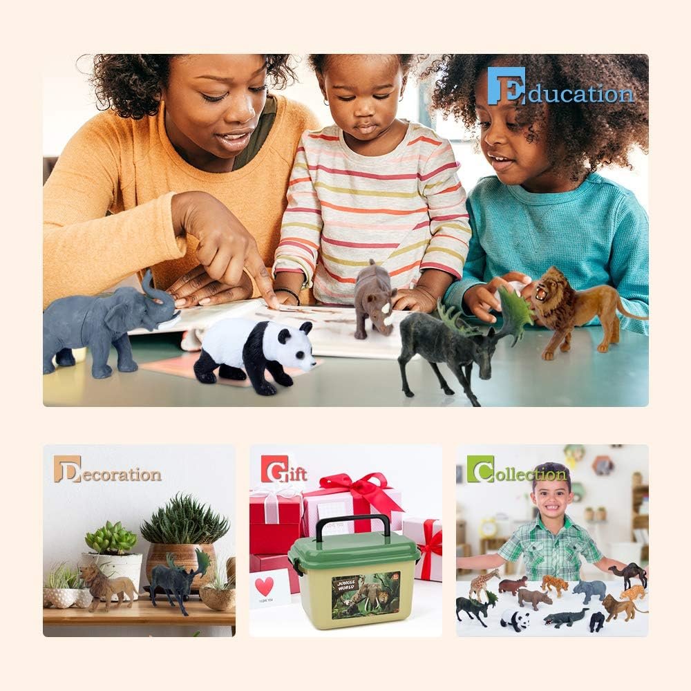 Mini Tudou 12 Pcs Safari Animals Figures Toys w/ 57x38.6’’ Large Activity Play Mat, Realistic Jumbo Jungle Wild Zoo Animals Figurines Playset w/ Elephant, Giraffe, Lion for Kids Toddlers Boys & Girls