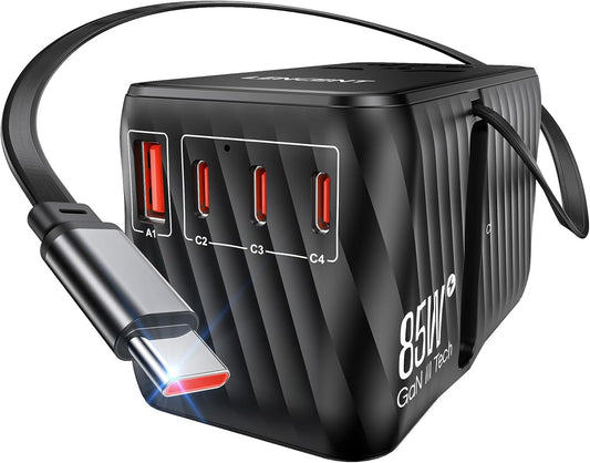 LENCENT 85W Universal Travel Adapter with Retractable USB C Cable, GaN International Power Adapter with 3 Type C &1 USB A Ports Fast Charging, Worldwide Outlet Converter for AU to European EU UK US