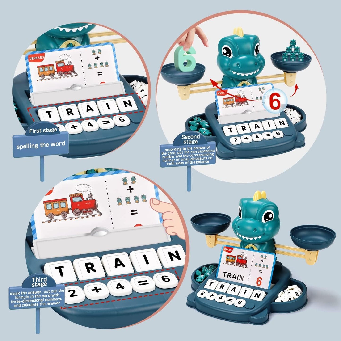 Qizebaby Kids Learning Toy Set for 3 4 5 6 7 8 Year Olds,Dinosaur Balance Counting Math Toy with Matching Letter Spelling Gamesï¼ŒMath & Cards Learning Preschool Educational Gameï¼ŒGift for Boys Girls