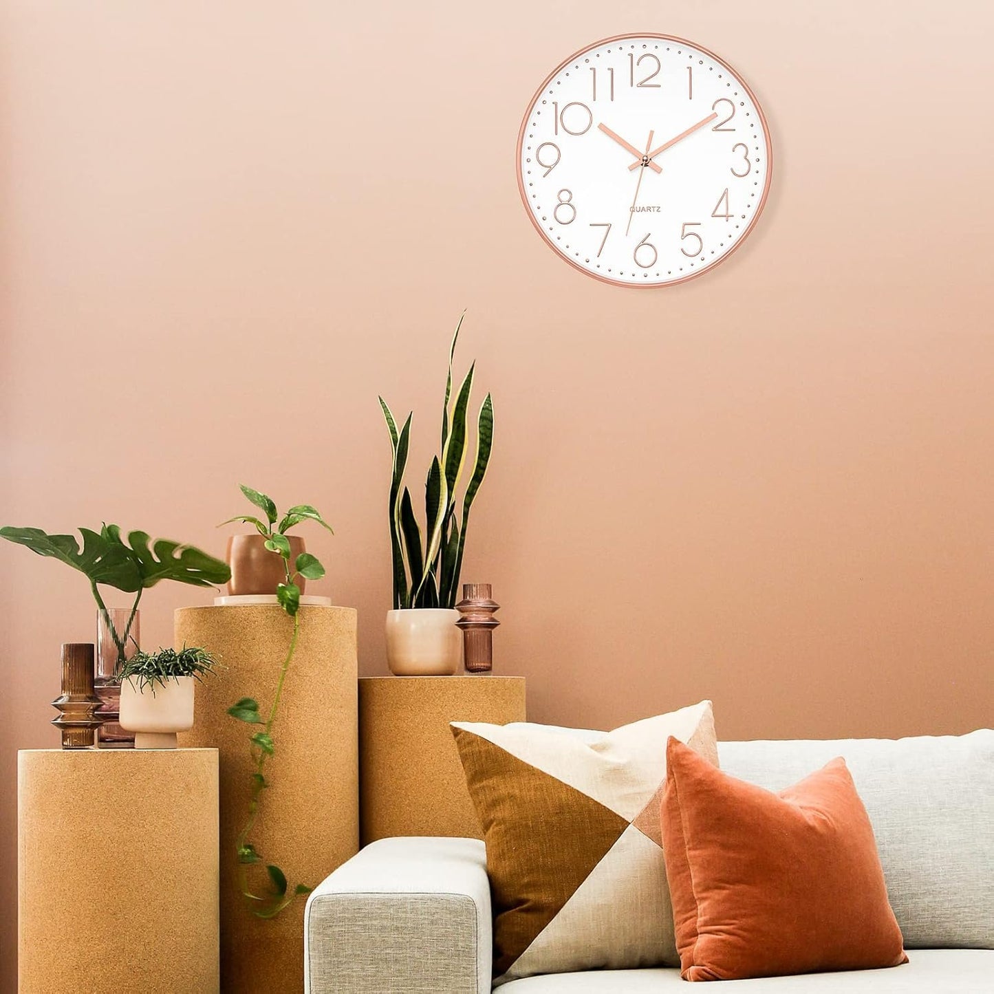 Foxtop Modern Wall Clock 12 Inch Non-Ticking Rose Gold Wall Clock Silent Battery Operated Round Quartz Clock for Living Room Bedroom Home Office School Decor