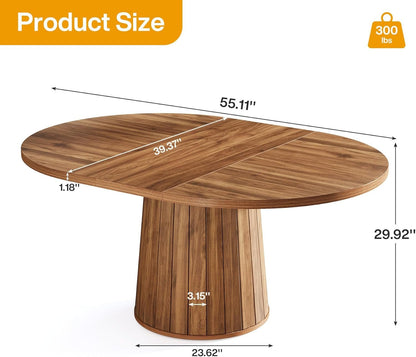 Tribesigns Oval Dining Table for 6 People, 55.11-Inch Farmhouse Kitchen Dinner Table with Cylindrical Pedestal (Brown)