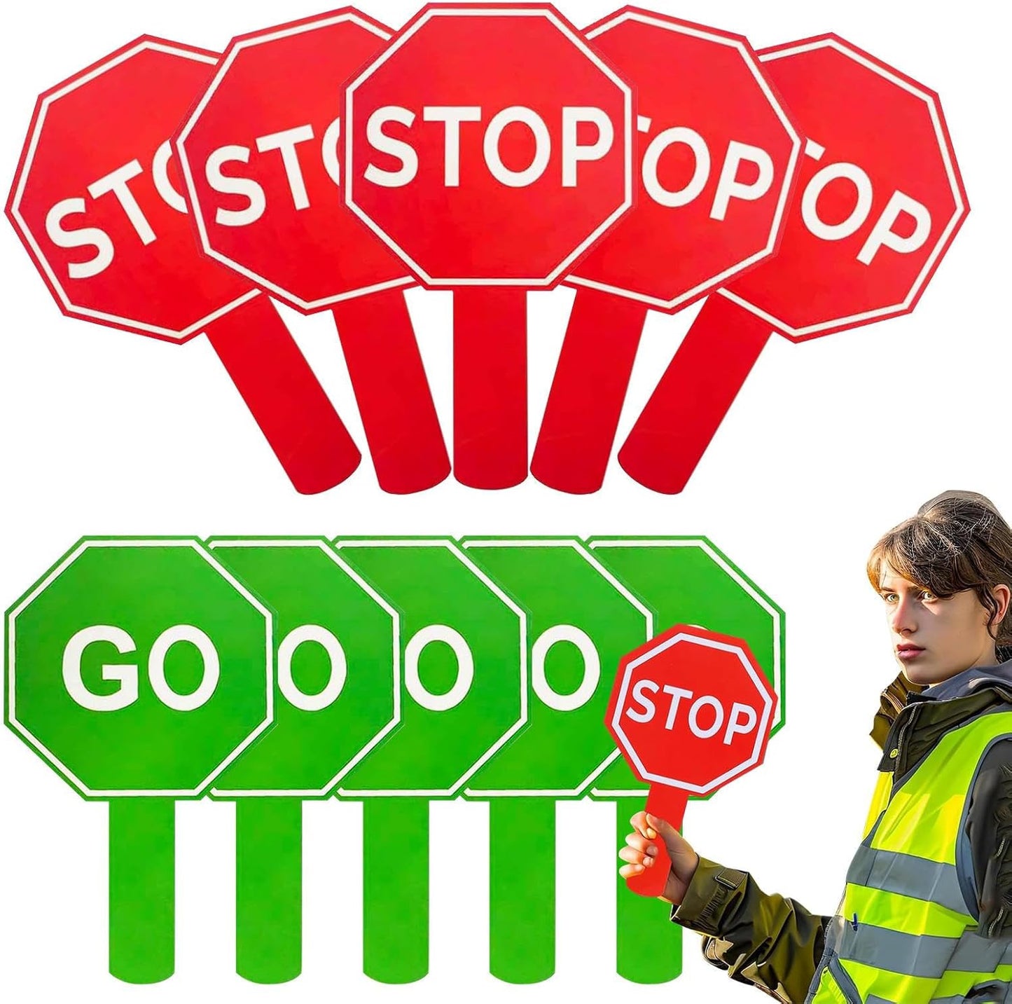 Stop and Go Sign, 10 Pieces Guard Stop Signs, Waterproof Double-Sided Warning, Sturdy Handle Paddle, Traffic Control Tools, Parking Safety, Kids Awareness Activities