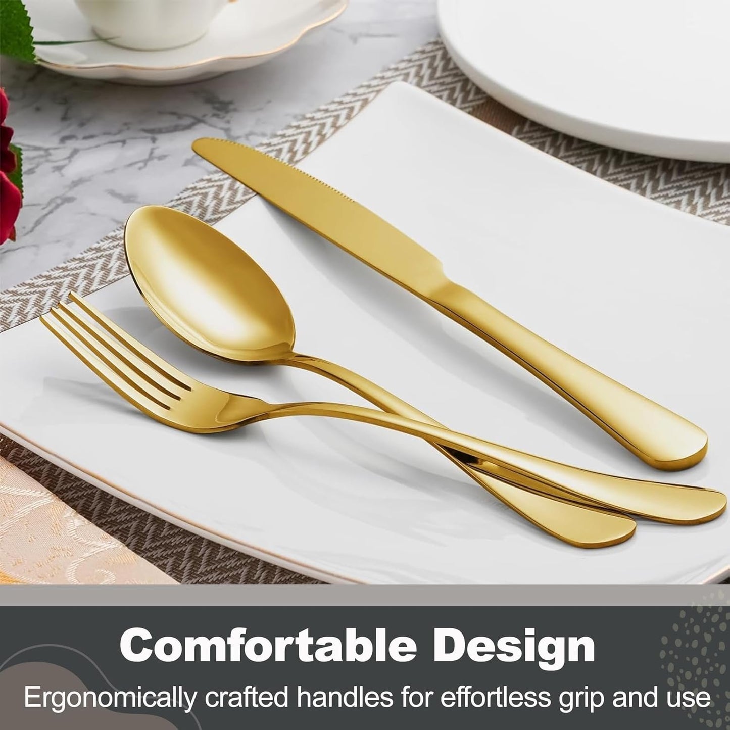 Runfly Gold Silverware Set, 40 Piece Flatware Cutlery Set for 8, Stainless Steel Silverware, Mirror Polished Cutlery Utensil Set Includes Knife Fork Spoon for Home Kitchen Restaurant