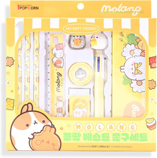 Molang Best School Stationery Set - Kawaii Korean Kit (Pencil 3pcs, Eraser, Sharpener, Case, 6-Color Ballpoint Pen, Figure, Ruler) - Complete Supplies for Students, Office, Art, Writing