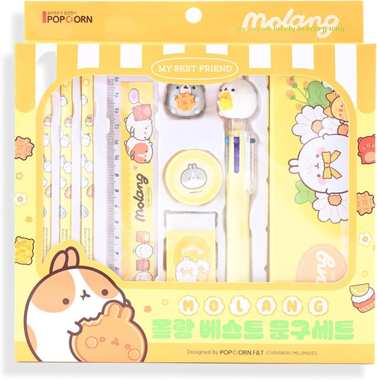 Molang Best School Stationery Set - Kawaii Korean Kit (Pencil 3pcs, Eraser, Sharpener, Case, 6-Color Ballpoint Pen, Figure, Ruler) - Complete Supplies for Students, Office, Art, Writing