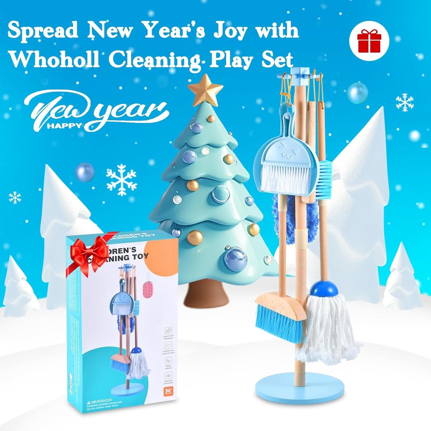 WHOHOLL Wooden Toddler Cleaning Set, Toddler Toys Montessori Toys for 3+ Years Old, Housekeeping Play Set Includes Broom Mop Duster Dustpan Sponge and Organizing Stand, STEM Skill Developmental Gift