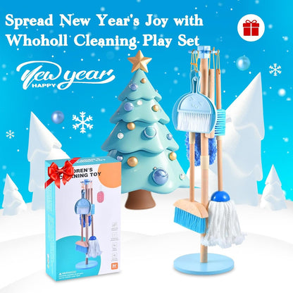 WHOHOLL Wooden Toddler Cleaning Set, Toddler Toys Montessori Toys for 3+ Years Old, Housekeeping Play Set Includes Broom Mop Duster Dustpan Sponge and Organizing Stand, STEM Skill Developmental Gift