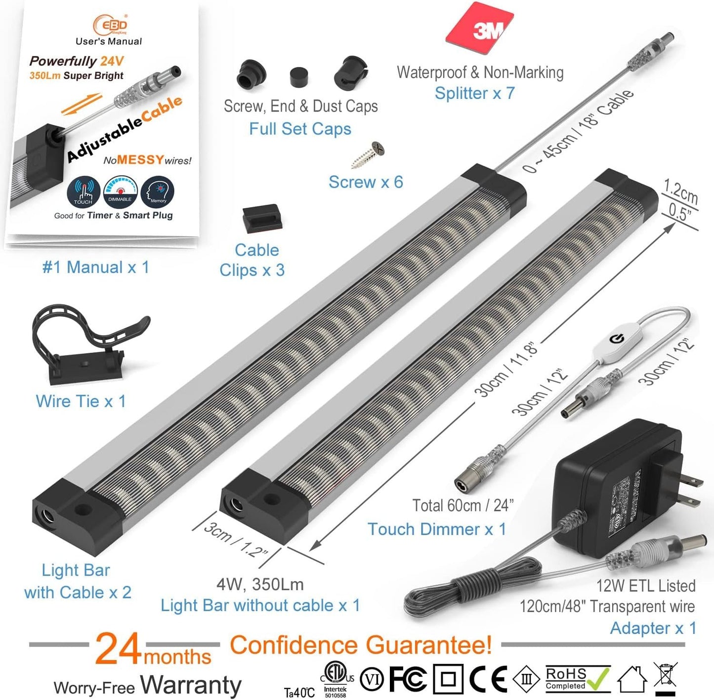 LED light Bar Built-in ADIUSTABLE Cable Under Cabinet Lights No MESSY Wires! Super Bright Kitchen Under Counter Lights 3 Panels 1050Lm 3000K Warm White under cabinet lighting Good for Timer Smart Plug