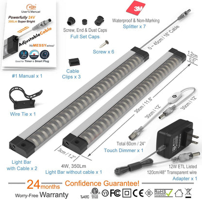 LED light Bar Built-in ADIUSTABLE Cable Under Cabinet Lights No MESSY Wires! Super Bright Kitchen Under Counter Lights 3 Panels 1050Lm 3000K Warm White under cabinet lighting Good for Timer Smart Plug