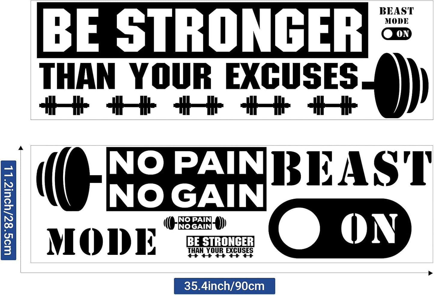 Zonon 3 Pieces Gym Wall Decal, Be Stronger Than Your Excuses, No Pain No Gain Beast Mode Inspirational Quotes Vinyl Wall Art Fitness Exercise Wall Sticker for Gym Office Home Decor