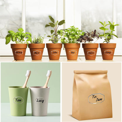 JaoNanl Removable Clear Labels for Jars, Transparent Label Stickers with Silver Border,Waterproof Write-On Kitchen Labels with Markers for Food Container,Storage Bin,Spice Jar,Home Organization,138Pcs