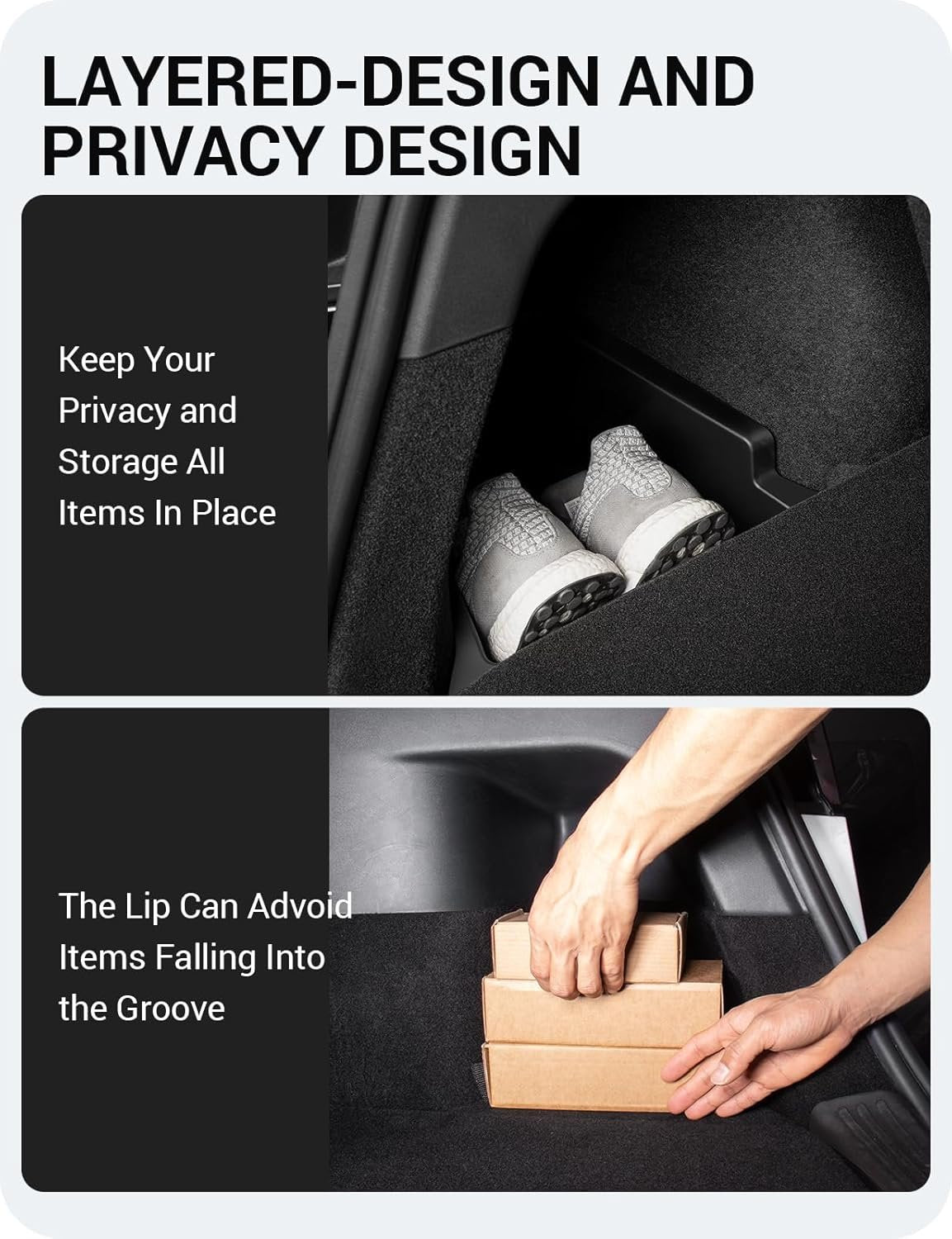 BASENOR 2022-2025 Tesla Model Y Trunk Organizer Waterproof Rear Trunk Storage Bins Side Box with Carpeted Lip Interior Accessories Set of 2 for Model Y 5-Seater