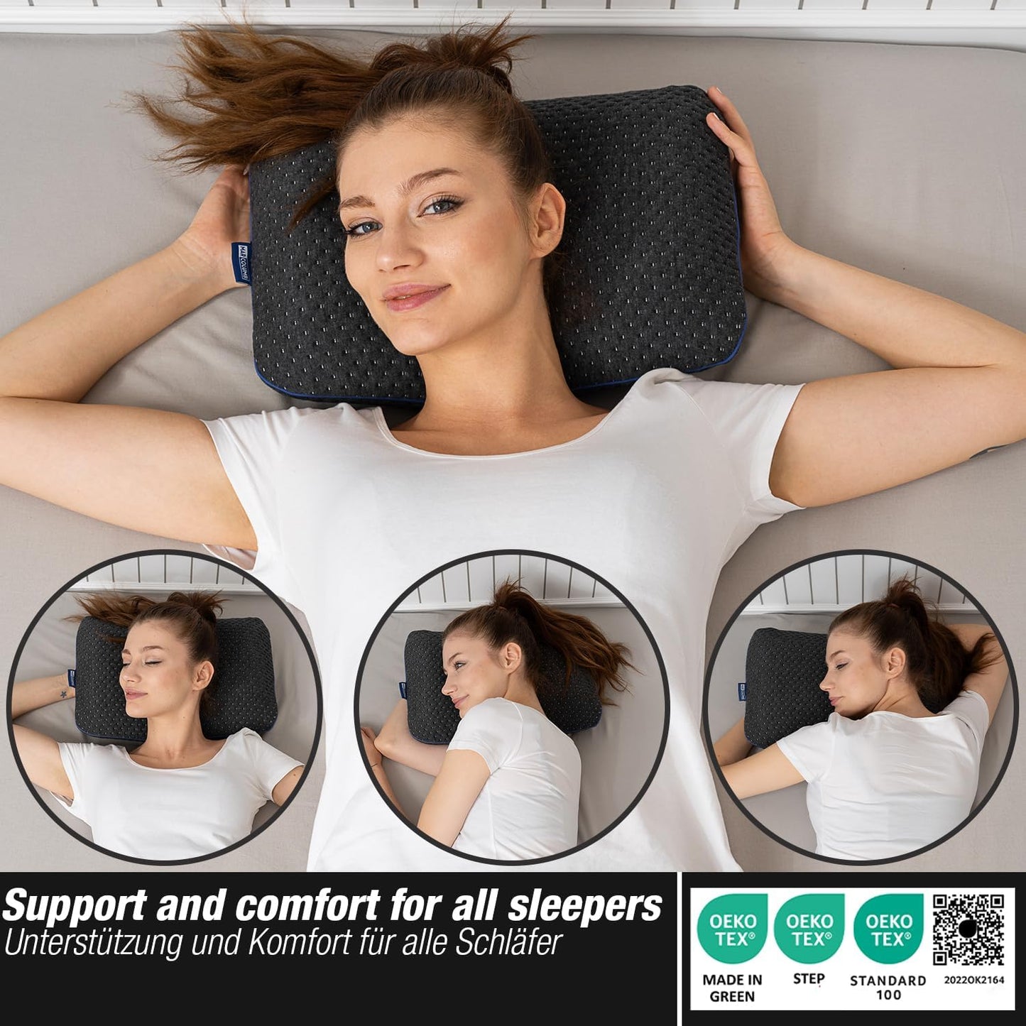 Marcolumb Travel Pillow - Ergonomic Camping Memory Foam Neck Support with Heat Regulating Cover - Waterproof Travel Bag Included (Black)