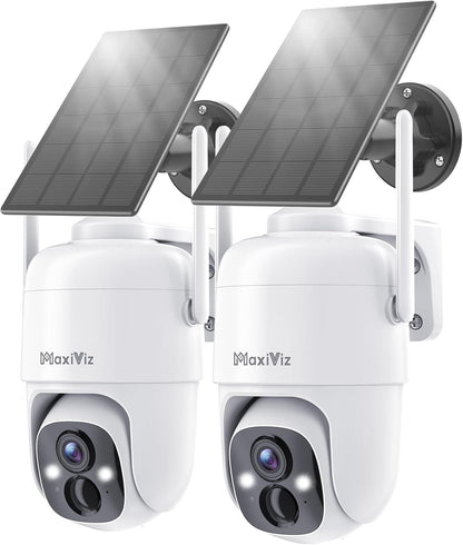 MaxiViz Solar Security Camera Wireless Outdoor, 360Â° View Cameras for Home Security Outside with AI Motion Detection, 2K Color Night Vision, Two-Way Talk, IP66 Weatherproof, SD/Cloud Storage (2 Pack)