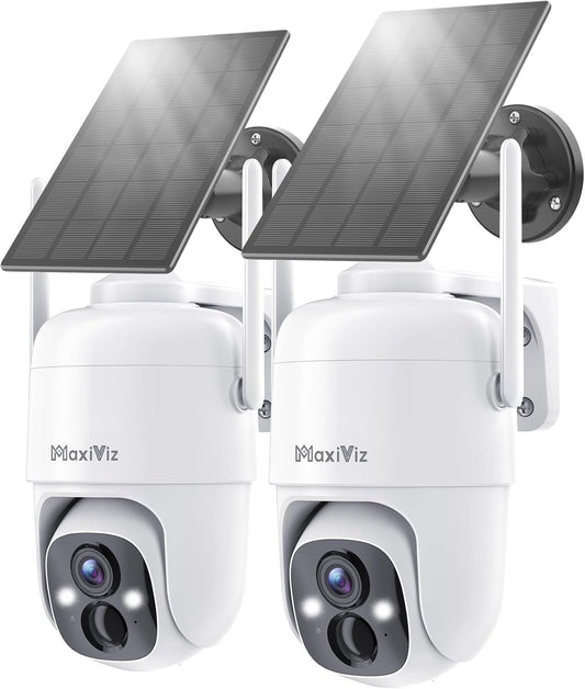 MaxiViz Solar Security Camera Wireless Outdoor, 360Â° View Cameras for Home Security Outside with AI Motion Detection, 2K Color Night Vision, Two-Way Talk, IP66 Weatherproof, SD/Cloud Storage (2 Pack)