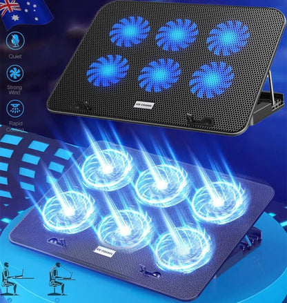 EverTech Laptop Cooler A9 Cooling Pad with 6 Powerful Quiet Fans Adjustable Heights Table Stand Suitable for 12"-17" Laptop with Blue LED Lights