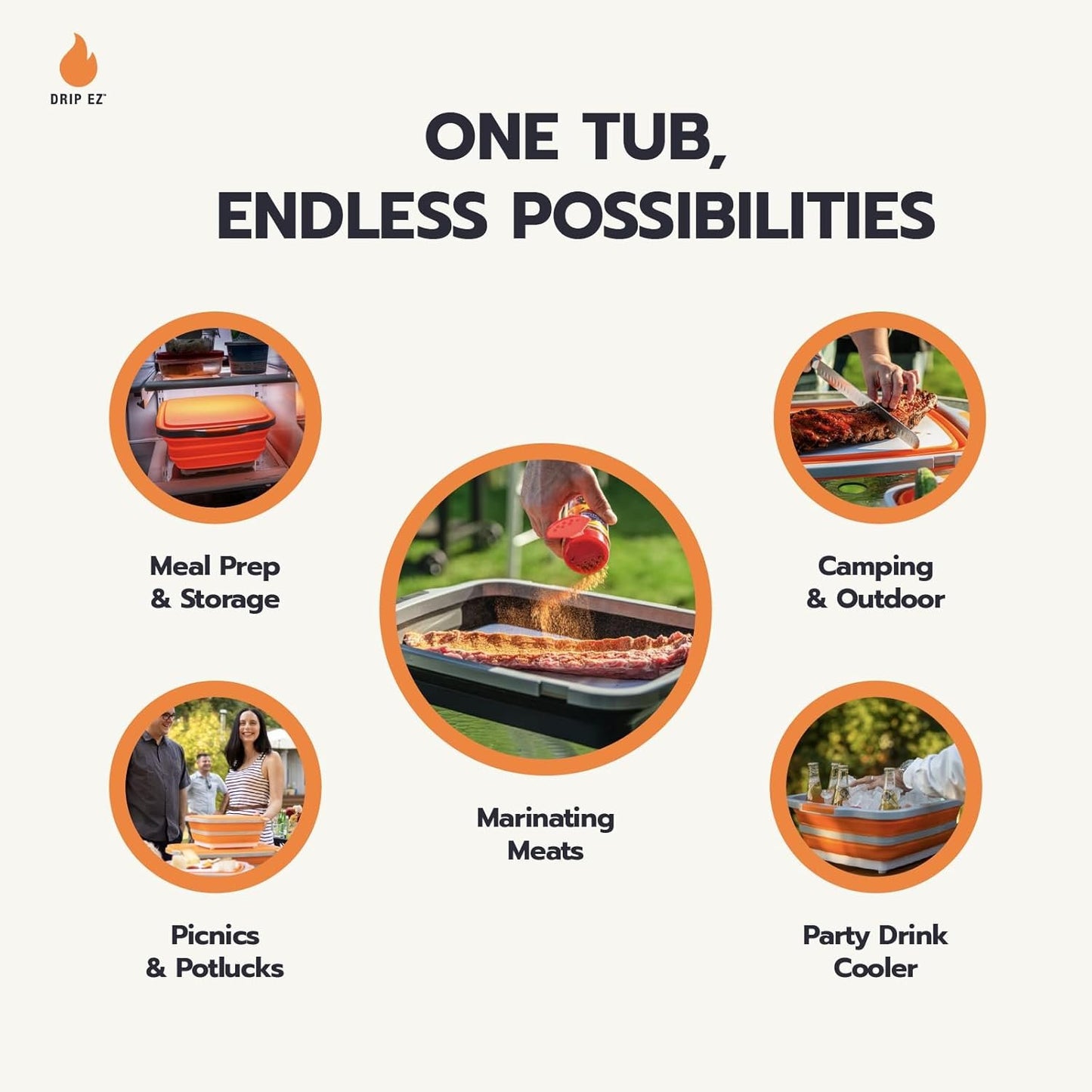 Drip EZ Collapsible BBQ Prep Tubs 3-Piece Set- For Meal Prep Marinating Food Storage - Includes Cutting Board & Lid - (1) JR + (1) OG + (1) XL - Orange